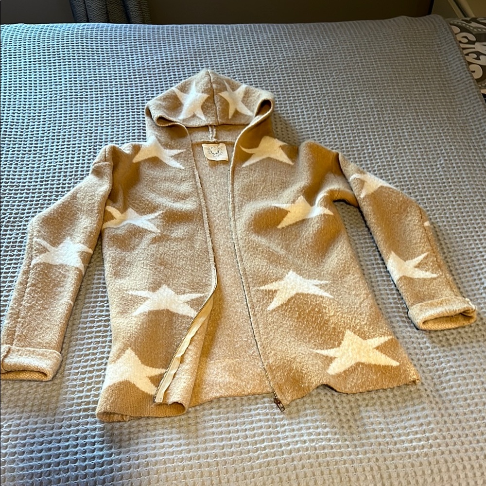 Womens S Beige Star Pattern long hooded zipperJacket